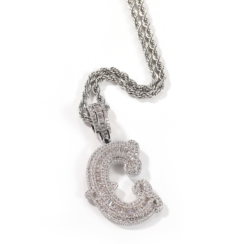 Hip-hop fully diamond-encrusted spiky rock sugar letter necklace