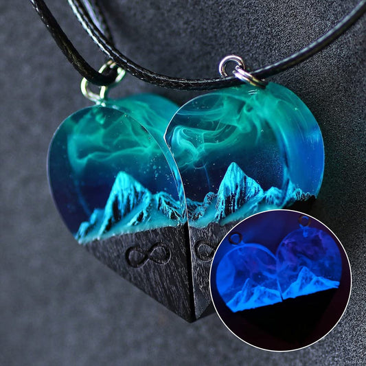 Epoxy Resin Necklace Wooden Pendant Mountains Heart Pendants Paired