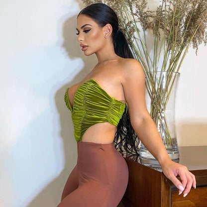 Sleeveless Slash Neck Draped Crop Top Solid Elegant Shirt