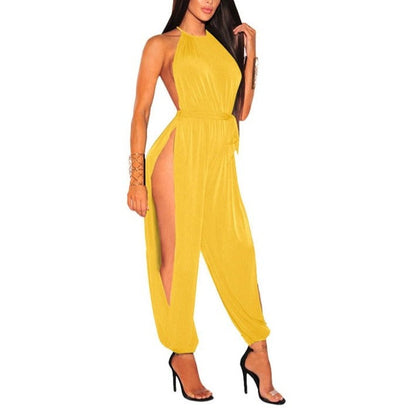 Women Hollow Out Jumpsuit Casual Sleeveless O-Neck Belt Jumpsuit Lace Up Slim Rompers