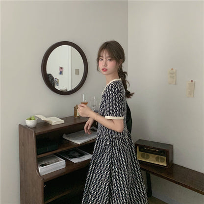 Women Summer V Neck Jacquard Floral Long Dress High Waist Short Sleeve Exquisite Midi Dresses