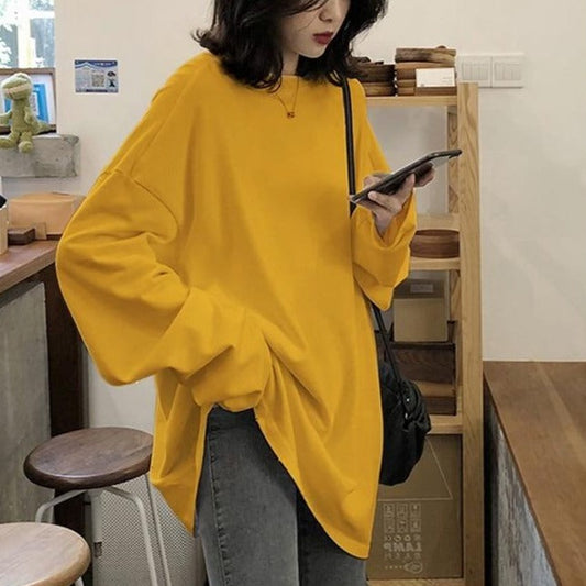 spring autumn Solid long Sleeve oversized tshirt harajuku long T Shirt Women kawaii T-shirts