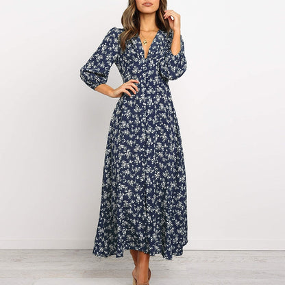 Women Chiffon Long Dress Floral Print Lantern Sleeve A-line Maxi Vestidos Vintage V Neck Dresses