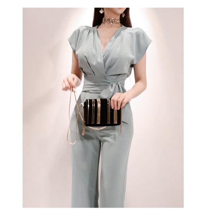 2 Pieces Set Women V-neck Lace Up Tops & High Waist Wide Leg Pants OL Style