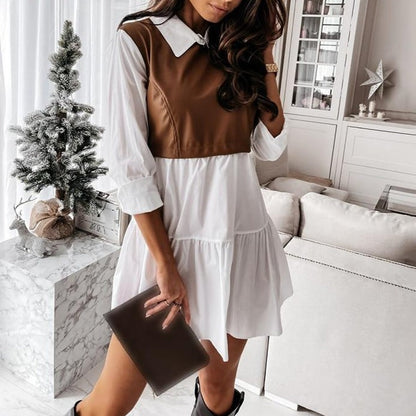 Long Sleeve Mini Shirt Dress For Women White 2022 Spring PU Leather Patchwork Plaid Dresses