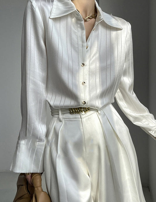 Striped Shirts Spring Long Sleeve Single-breasted Female Satin Blouses
