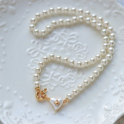 Women's retro heart pearl necklace clavicle chain
