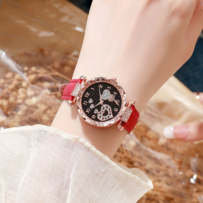 Simple leather strap quartz watch for students
