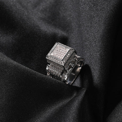 Hip-hop square diamond-encrusted couple ring