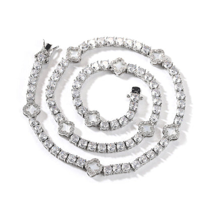 Hip-hop four-leaf clover diamond tennis chain necklace bracelet