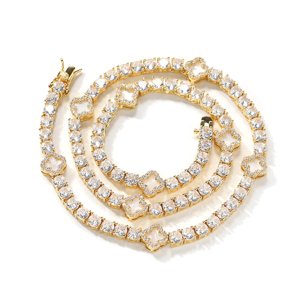 Hip-hop four-leaf clover diamond tennis chain necklace bracelet