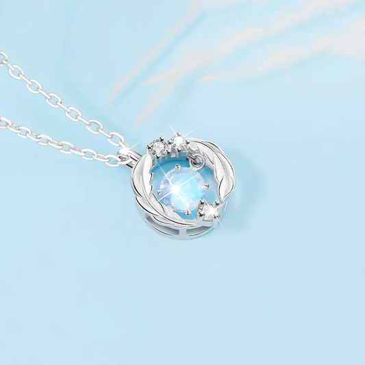Silver Flash Necklace Feather Beating Heart Moonstone Necklace