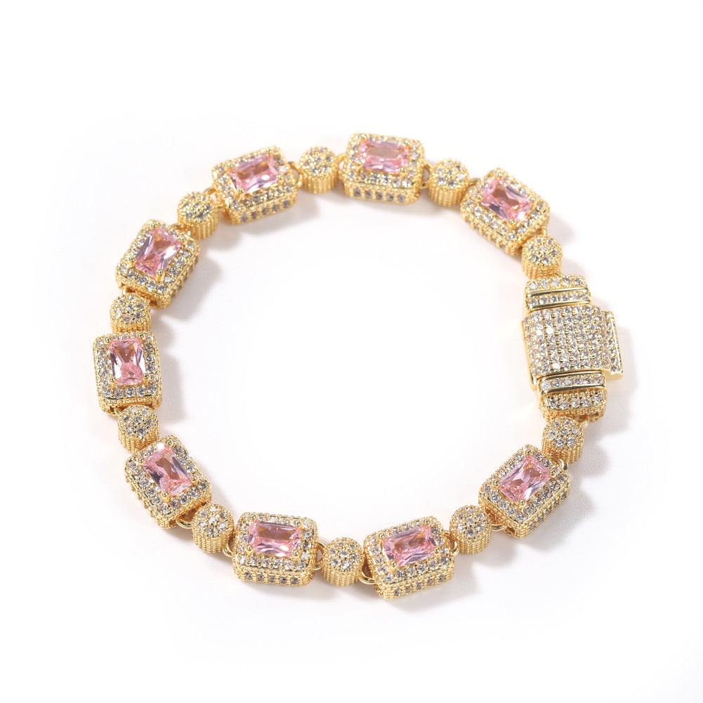 Copper inlaid pink zircon hip-hop bracelet