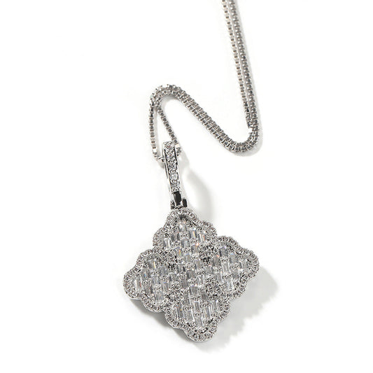 Full-diamond zircon four-leaf clover necklace