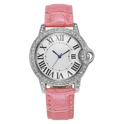 Fashion Diamond-Encrusted Women's Quartz Watch with Leather Strap
