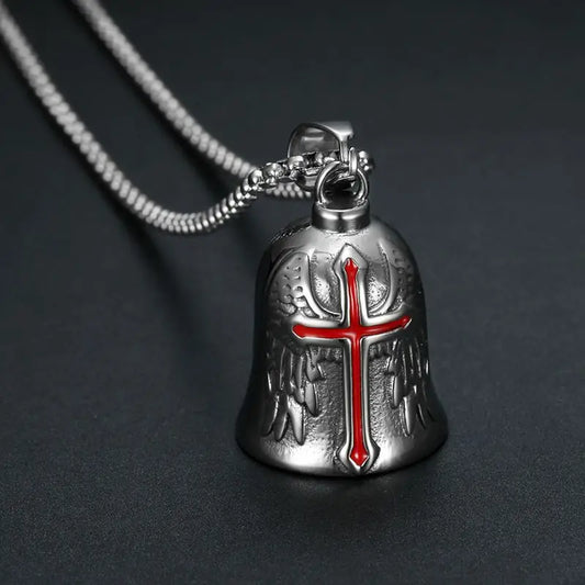 Red Cross Silver-Plated Wings Motorcycle Bell Pendant Necklace