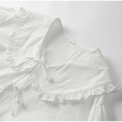 Lace Up Doll Collar Shirt Skirt Sets Short Puff Sleeve Top Suit Pleat Mini Skirts
