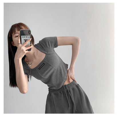 Curved Crop Tops Women Summer Square Collar Short Sleeve T-Shirt Fashion Slim Woman