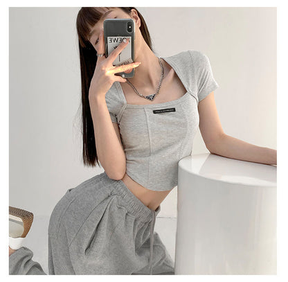 Curved Crop Tops Women Summer Square Collar Short Sleeve T-Shirt Fashion Slim Woman
