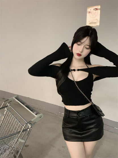 Off Shoulder Tops Women Skinny Slash Neck Halterneck Knitted Shirts y2k Summer 2022