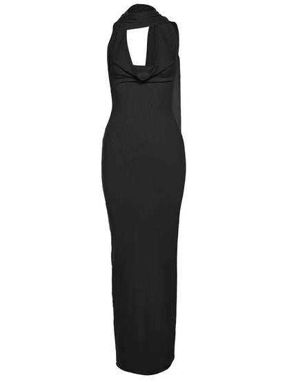 Backless Halter Evening Dress With Scarf Hollow Back Split Skinny