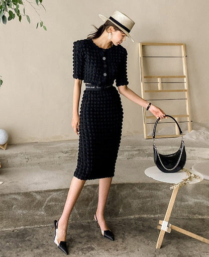 Summer Ladies 2 Pieces Skirt Set Short Sleeve Single-breasted Tops & High Waist