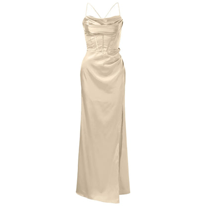 Spaghetti Strap Satin Corset Fishbone Push Up Bodycon Party Long Dress