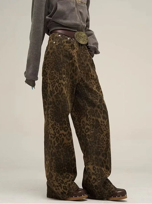 Leopard Print Y2k Jeans Women Oversized Wide Leg Denim Trousers Streetwear