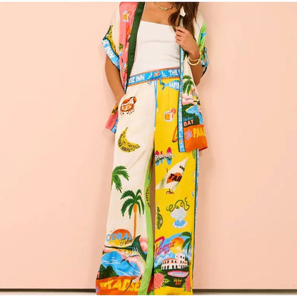 Beach Printed Lapel Shirt Pants Suits