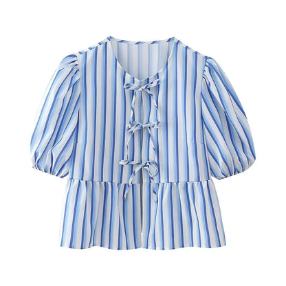 Leopard Blouse Puff Sleeve Crop Top Women's Summer Clothing