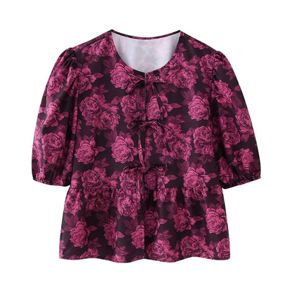 Leopard Blouse Puff Sleeve Crop Top Women's Summer Clothing